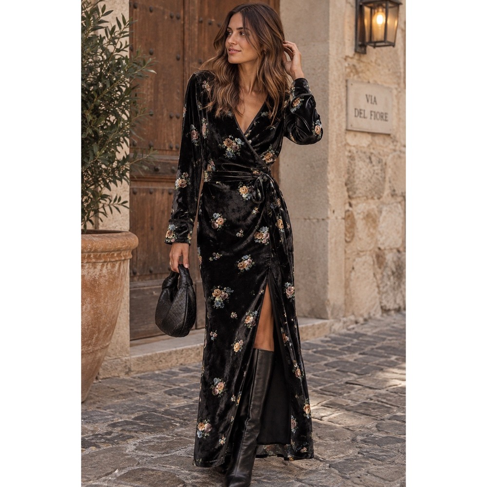 ZARA Velvet Floral Wrap Maxi Dress Black S